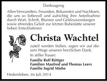 Traueranzeige von Christa Wachtel von Mitteldeutsche Zeitung Quedlinburg