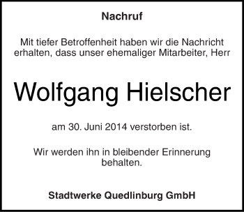 Traueranzeige von Wolfgang Hielscher von Mitteldeutsche Zeitung Quedlinburg