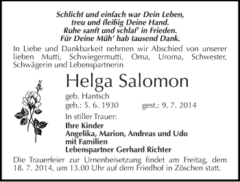 Traueranzeige von Helga Salomon von Mitteldeutsche Zeitung Merseburg/Querfurt
