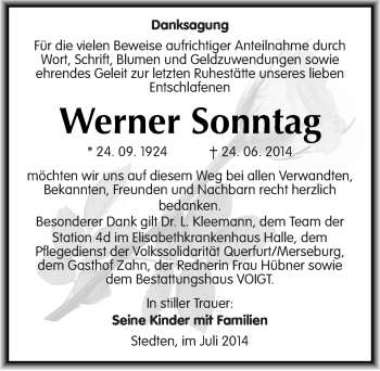 Traueranzeige von Werner Sonntag von Mitteldeutsche Zeitung Mansfelder Land