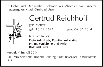 Traueranzeige von Gertrud Reichhoff von Mitteldeutsche Zeitung Dessau-Roßlau