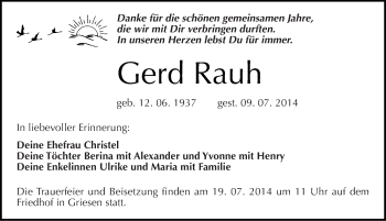 Traueranzeige von Gerd Rauh von Mitteldeutsche Zeitung Wittenberg
