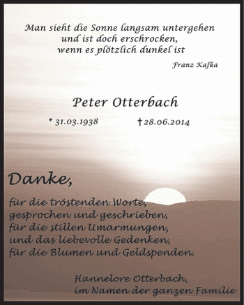 Traueranzeige von Peter Otterbach von Mitteldeutsche Zeitung Sangerhausen