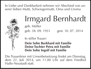 Traueranzeige von Irmgard Bernhardt von Mitteldeutsche Zeitung Halle/Saalkreis