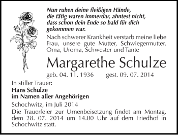 Traueranzeige von Margarethe Schulze von Mitteldeutsche Zeitung Halle/Saalkreis