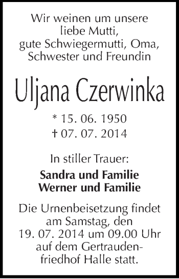 Traueranzeige von Uljana Czerwinka von Mitteldeutsche Zeitung Halle/Saalkreis