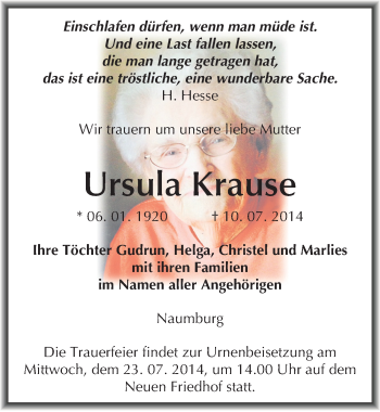 Traueranzeige von Ursula Krause von Mitteldeutsche Zeitung Naumburg/Nebra