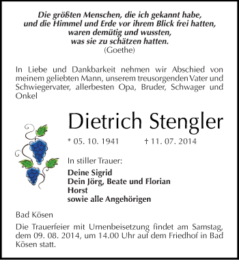 Traueranzeige von Dietrich Stengler von Mitteldeutsche Zeitung Naumburg/Nebra
