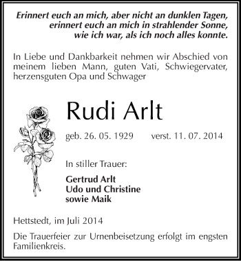 Traueranzeige von Rudi Arlt von Mitteldeutsche Zeitung Mansfelder Land