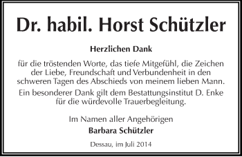 Traueranzeige von Horst Schützler von Mitteldeutsche Zeitung Dessau-Roßlau