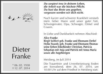Traueranzeige von Dieter Franke von Mitteldeutsche Zeitung Mansfelder Land