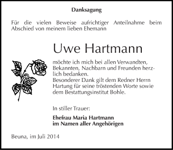Traueranzeige von Uwe Hartmann von Mitteldeutsche Zeitung Merseburg/Querfurt
