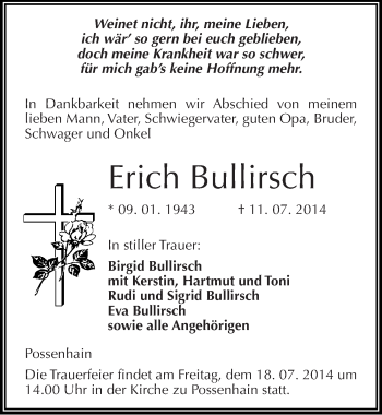Traueranzeige von Erich Bullirsch von Mitteldeutsche Zeitung