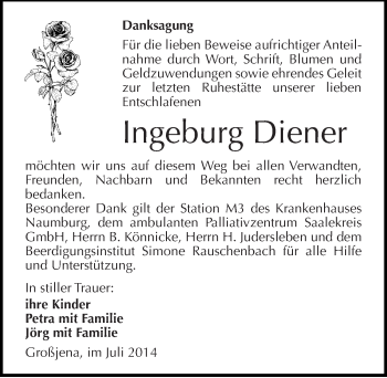 Traueranzeige von Ingeburg Diener von Mitteldeutsche Zeitung Naumburg/Nebra
