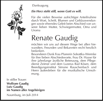 Traueranzeige von Renate Gaudig von Mitteldeutsche Zeitung Naumburg/Nebra
