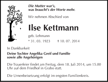 Traueranzeige von Ilse Kettmann von Mitteldeutsche Zeitung Wittenberg