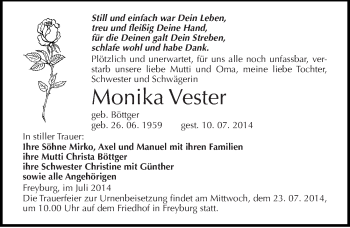 Traueranzeige von Monika Vester von Mitteldeutsche Zeitung Naumburg/Nebra