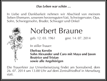 Traueranzeige von Norbert Braune von Mitteldeutsche Zeitung Merseburg/Querfurt