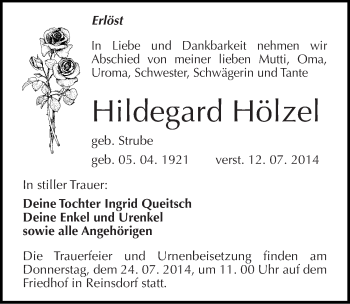 Traueranzeige von Hildegard Hölzel von Mitteldeutsche Zeitung Köthen