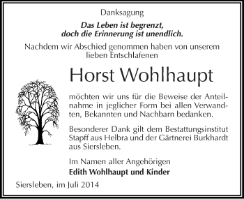 Traueranzeige von Horst Wohlhaupt von Mitteldeutsche Zeitung Mansfelder Land