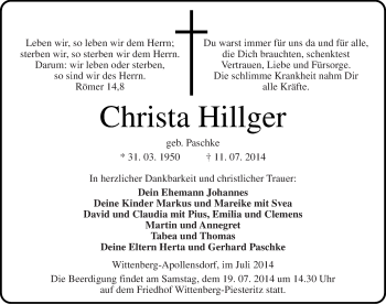Traueranzeige von Christa Hillger von Mitteldeutsche Zeitung Wittenberg