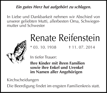 Traueranzeige von Renate Reifenstein von Mitteldeutsche Zeitung Naumburg/Nebra