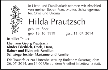 Traueranzeige von Hilda Prautzsch von Mitteldeutsche Zeitung Halle/Saalkreis