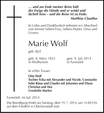 Traueranzeige von Marie Wolf von Mitteldeutsche Zeitung Merseburg/Querfurt