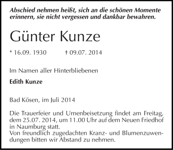 Traueranzeige von Günter Kunze von Mitteldeutsche Zeitung Naumburg/Nebra