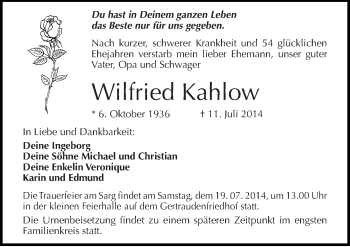 Traueranzeige von Wilfried Kahlow von Mitteldeutsche Zeitung Halle/Saalkreis