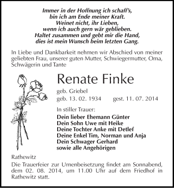 Traueranzeige von Renate Finke von Mitteldeutsche Zeitung Naumburg/Nebra