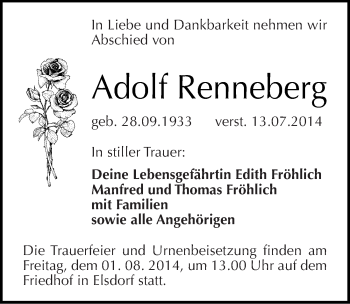 Traueranzeige von Adolf Renneberg von Mitteldeutsche Zeitung Köthen