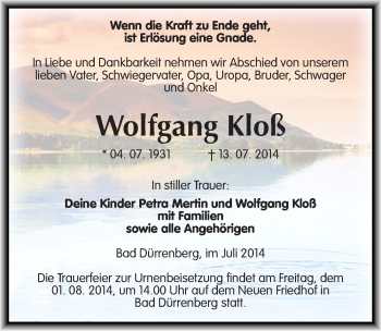 Traueranzeige von Wolfgang Kloß von Mitteldeutsche Zeitung Merseburg/Querfurt