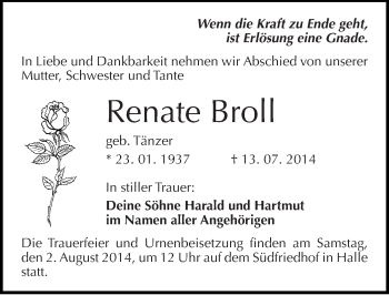 Traueranzeige von Renate Broll von Mitteldeutsche Zeitung Halle/Saalkreis