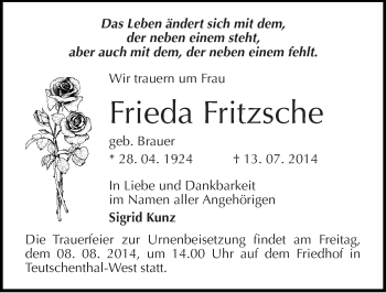 Traueranzeige von Frieda Fritzsche von Mitteldeutsche Zeitung Halle/Saalkreis