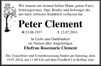 Traueranzeige von Peter Clement von Mitteldeutsche Zeitung Dessau-Roßlau