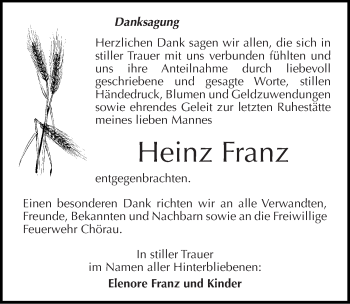 Traueranzeige von Heinz Franz von Mitteldeutsche Zeitung Köthen