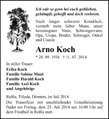 Traueranzeige von Arno Koch von Mitteldeutsche Zeitung Sangerhausen