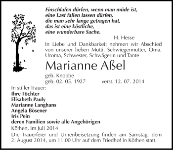 Traueranzeige von Marianne Aßel von Mitteldeutsche Zeitung Köthen