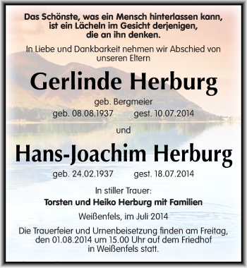 Traueranzeige von Gerlinde und Hans-Joachim Herburg von Mitteldeutsche Zeitung Weißenfels