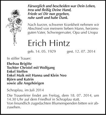 Traueranzeige von Erich Hintz von Mitteldeutsche Zeitung Merseburg/Querfurt