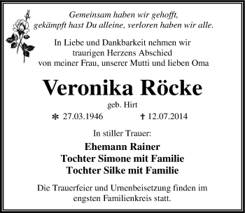 Traueranzeige von Veronika Röcke von Mitteldeutsche Zeitung Dessau-Roßlau