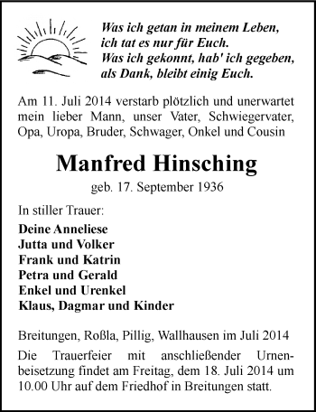 Traueranzeige von Manfred Hinsching von Mitteldeutsche Zeitung Sangerhausen