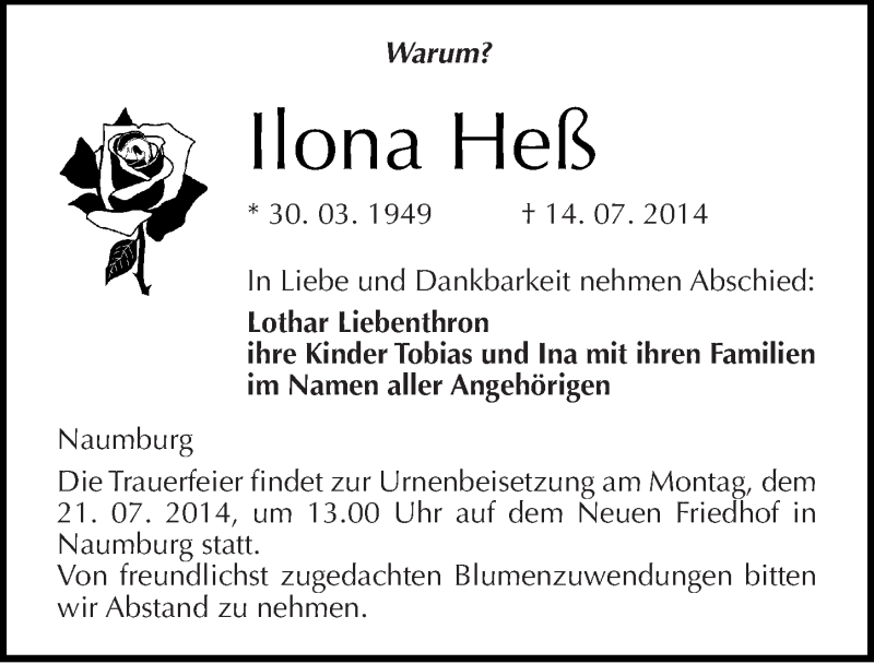  Traueranzeige für Ilona Heß vom 16.07.2014 aus Mitteldeutsche Zeitung Naumburg/Nebra