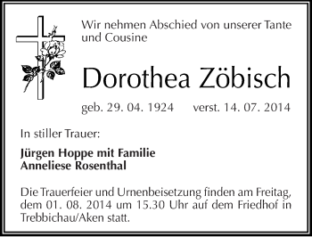 Traueranzeige von Dorothea Zöbisch von Mitteldeutsche Zeitung Köthen