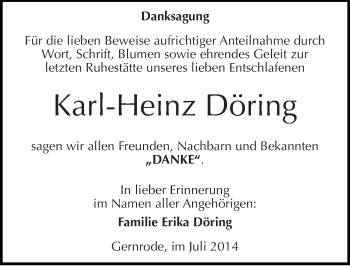 Traueranzeige von Karl-Heinz Döring von Mitteldeutsche Zeitung Quedlinburg