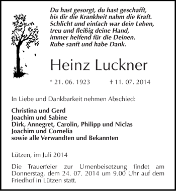 Traueranzeige von Heinz Luckner von Mitteldeutsche Zeitung Weißenfels