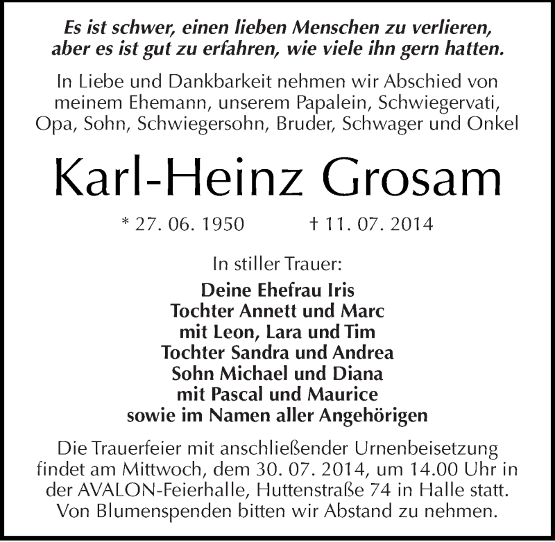  Traueranzeige für Karl-Heinz Grosam vom 19.07.2014 aus Mitteldeutsche Zeitung Halle/Saalkreis