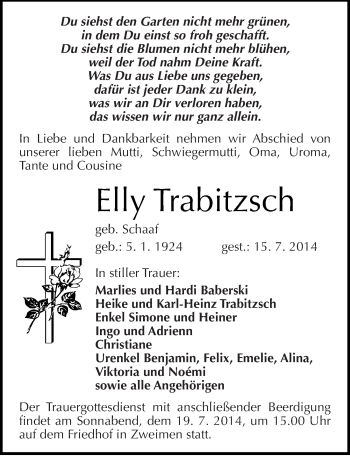 Traueranzeige von Elly Trabitzsch von Mitteldeutsche Zeitung Merseburg/Querfurt