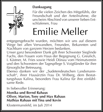Traueranzeige von Emilie Meller von Mitteldeutsche Zeitung Mansfelder Land